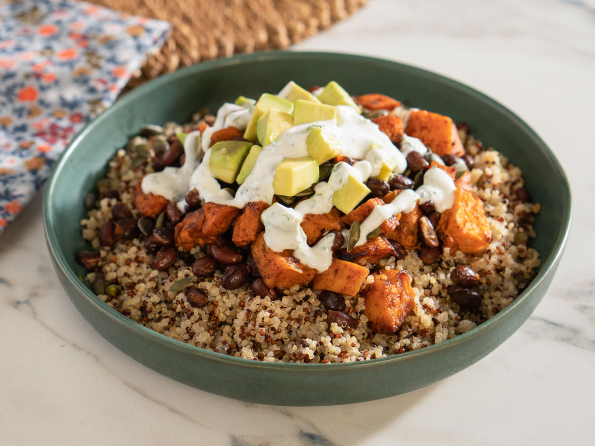 Quinoa, Sweet Potato and Black Bean Bowls with Yogurt Dressing Recipe |  Valerie Bertinelli | Food Network