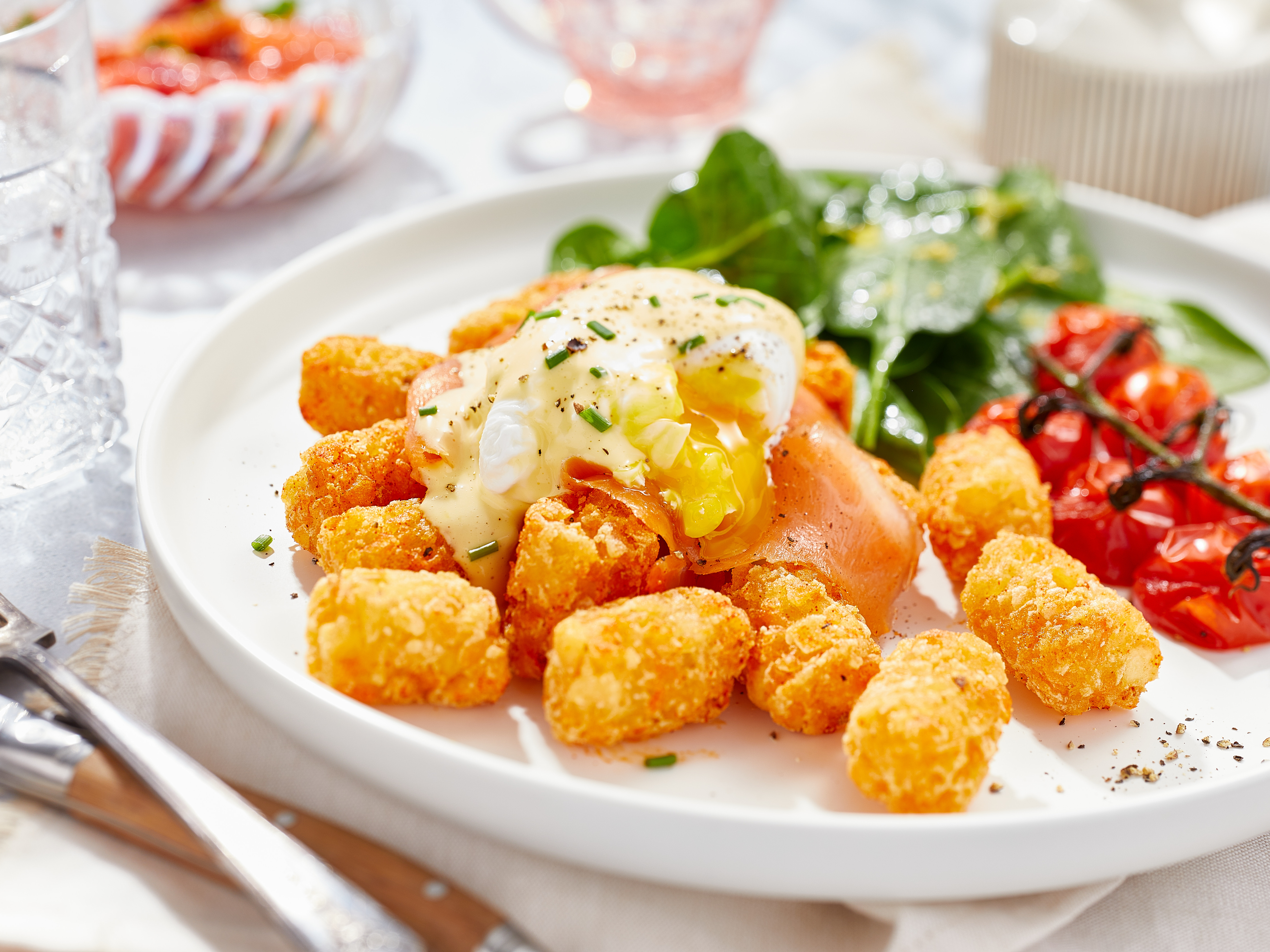 Eggs Benedict on Tater Tot Waffles - Pudge Factor